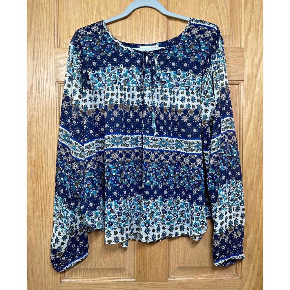 NorthStyle Womens Large Blue Floral Patchwork Tie Neck Long Sleeve Chiffon